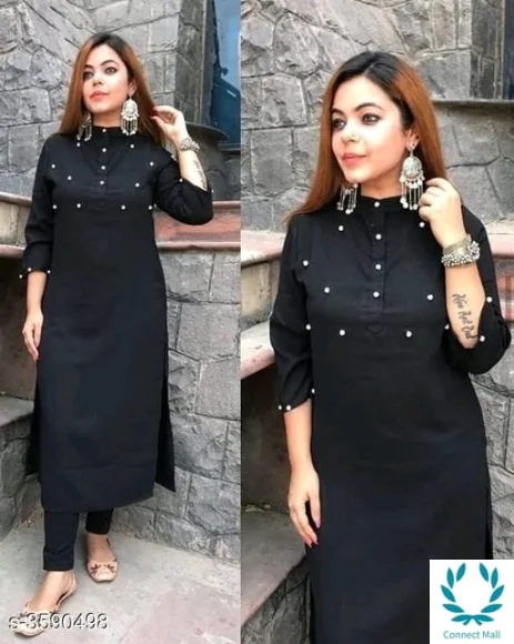 Women's Black Cotton Kurta Set with Pants - Kurti - 38 inch Bottom 30 inch, Black, Cotton, Stitched, 1Piece of Kurti With Bottom